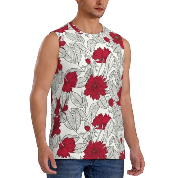Lsque Leaves And Anemone Print Men's Cotton Blend Sleeveless Muscle Shirts (S-3XL)- Moisture Wicking, Odor Protection, UPF 30+,Medium