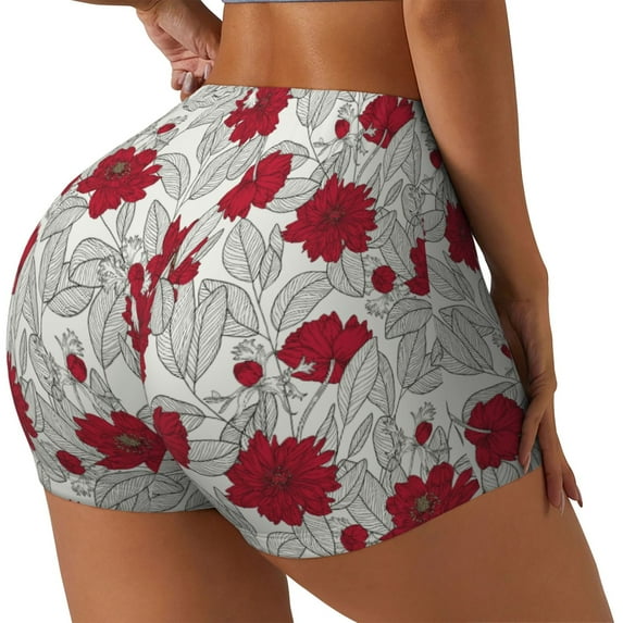 Lsque Leaves And Anemone Flowers In Red Grey Pattern High Waisted Biker Shorts for Women-Tummy Control Fitness Athletic Workout Running Yoga Gym Shorts,Moisture-Wicking-Medium