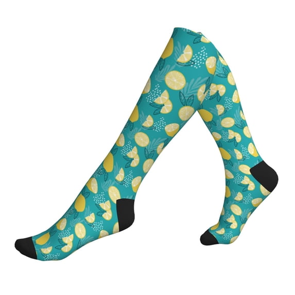 Lsque Lemon Blue Pattern Sport Compression Socks for Men & Women 15-20 mmHg Knee High Nurse Pregnant Running Medical and Travel Athletic