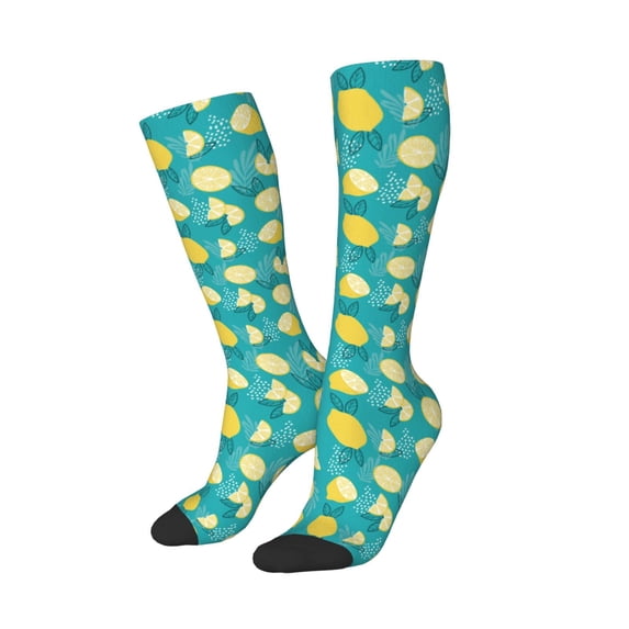 Lsque Lemon Blue Printed Crew Socks Men's Women's LightWeight Thin Casual Calf Socks ,Knee High Socks,Cotton Socks