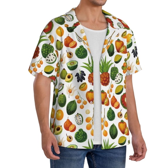Lsque Lemon Fruits Vegetables print Men's Cuban Collar Short Sleeve Shirt Summer Beachwear Casual Button Down Fashionable Vacation Leisure Shirt-3X-Large