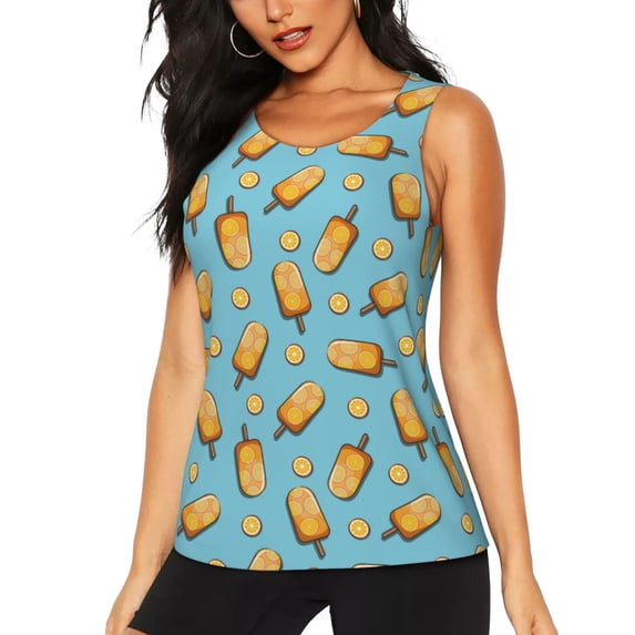 Lsque Lemon Ice Cream Printed Workout Tank Tops for Women, Athletic Sports Tank Tops, Compression Sleeveless Dry Fit Shirts,Sleeveless Yoga Shirt-Small