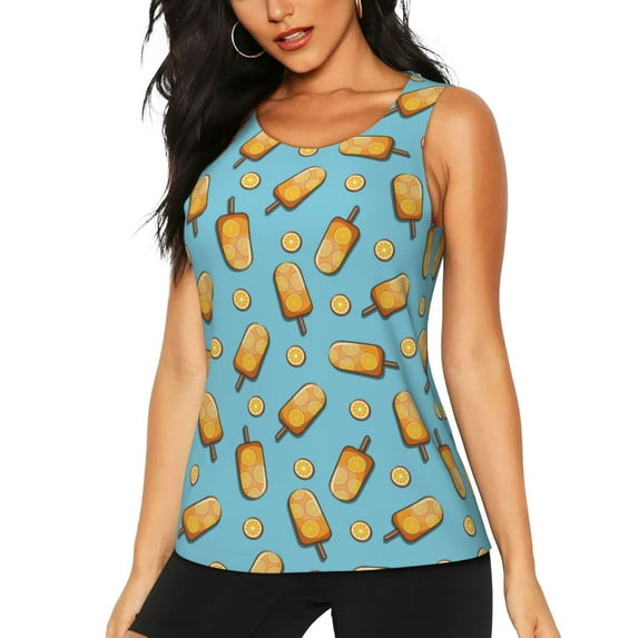 Lsque Lemon Ice Cream Printed Workout Tank Tops for Women, Athletic Sports Tank Tops, Compression Sleeveless Dry Fit Shirts,Sleeveless Yoga Shirt-Small