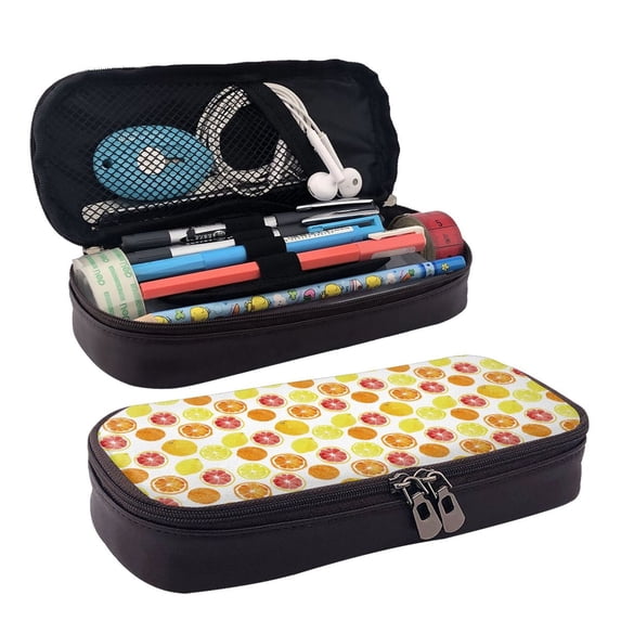 Lsque Lemon Orange Printed Big Capacity PU Leather Pencil Case Large Pencil Pouch Stationery Pen Bag Pencil Holder for Teen