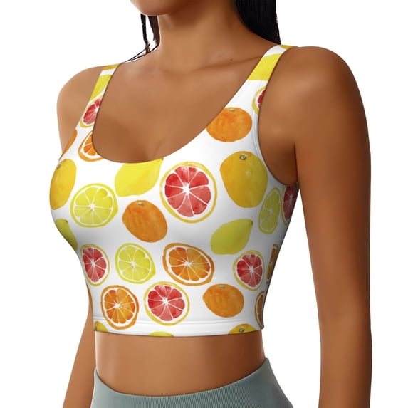 Lsque Lemon Orange Printed Women'S Sports Bra, Compression, Moisture Wicking, High-Impact Sports Bra For Women,Supportive sports bra-Large