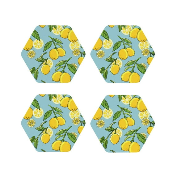 Lsque Lemon Pattern 4" Drink Coasters Set of 4, PVC Leather Absorbent Coasters, Table Coaster Set Decorative Coffee Cup Coasters Housewarming Gift -Hexagon