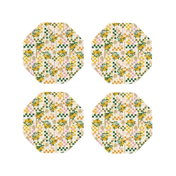 Lsque Lemon Pattern 4" Drink Coasters Set of 4, PVC Leather Absorbent Coasters, Table Coaster Set Decorative Coffee Cup Coasters Housewarming Gift -Octagon