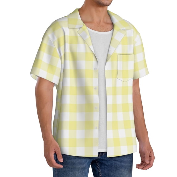 Lsque Lemon Yellow Checkboard print Men's Cuban Collar Short Sleeve Shirt Summer Beachwear Casual Button Down Fashionable Vacation Leisure Shirt-4X-Large