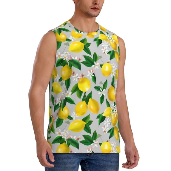 Lsque Lemon1 Print Men's Cotton Blend Sleeveless Muscle Shirts (S-3XL)- Moisture Wicking, Odor Protection, UPF 30+,Large