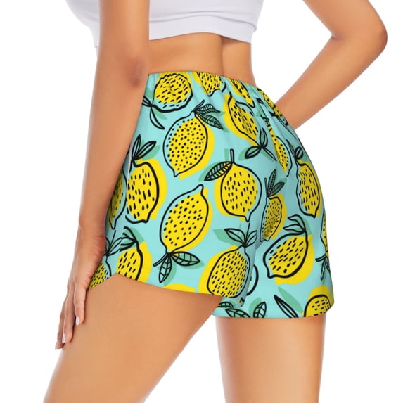 Lsque Lemon1 Printed Women's Running Shorts with Liner Pockets,Elastic Quick Dry Workout Athletic Gym Yoga Shorts,Womens High Waist Shorts-Medium