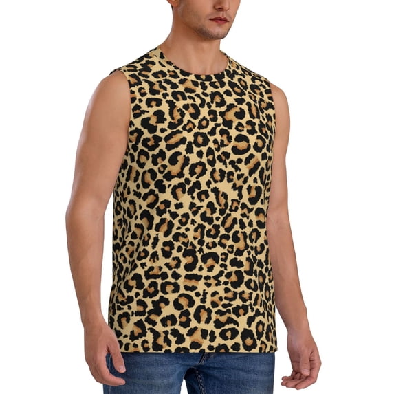 Lsque Leopard Print Print Men's Cotton Blend Sleeveless Muscle Shirts (S-3XL)- Moisture Wicking, Odor Protection, UPF 30+,X-Large