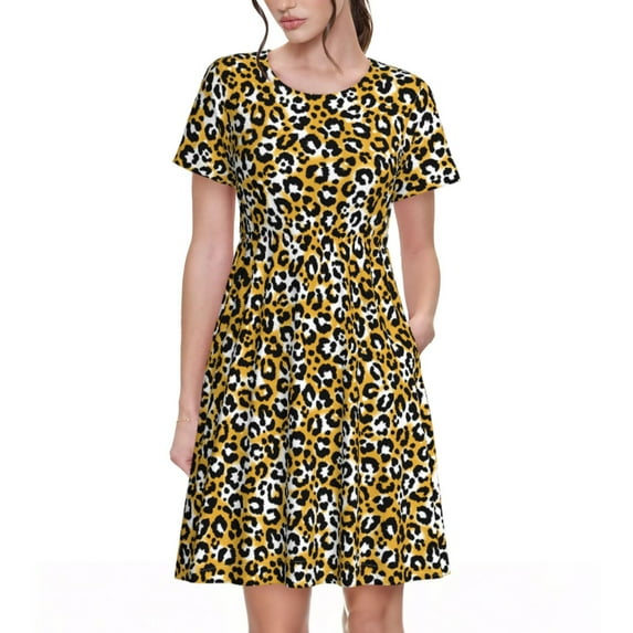 Lsque Leopard Print Women's Casual Dress T-Shirt Summer Short Sleeve Scoop Neck Swing Dresses