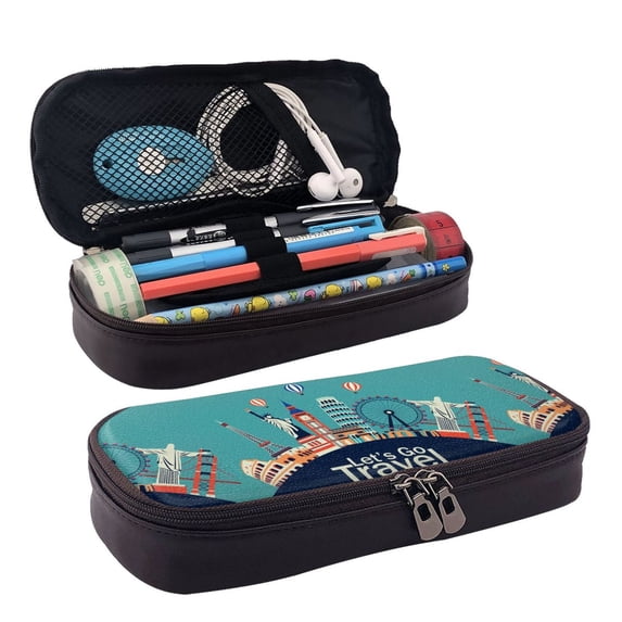 Lsque Let's go Travel Printed Big Capacity PU Leather Pencil Case Large Pencil Pouch Stationery Pen Bag Pencil Holder for Teen