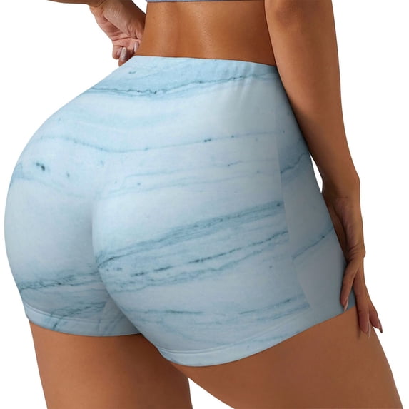 Lsque Light Blue Marble Pattern High Waisted Biker Shorts for Women-Tummy Control Fitness Athletic Workout Running Yoga Gym Shorts,Moisture-Wicking-Large