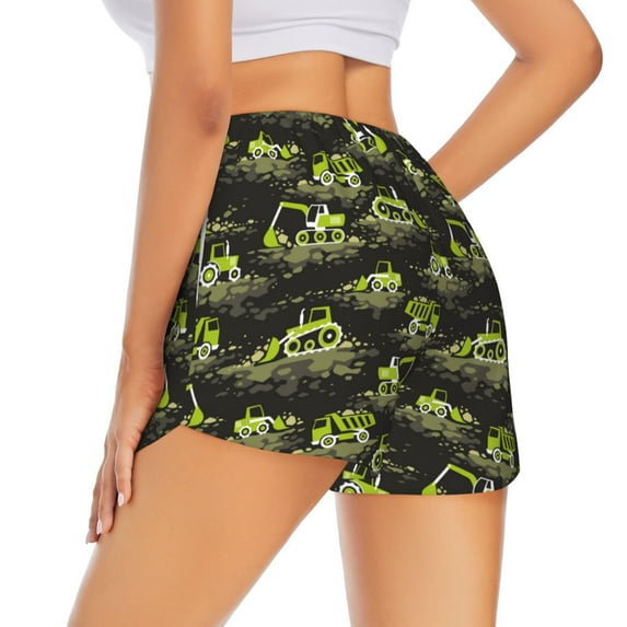 Lsque Light Green Excavator Printed Women's Running Shorts with Liner Pockets,Elastic Quick Dry Workout Athletic Gym Yoga Shorts,Womens High Waist Shorts-X-Large