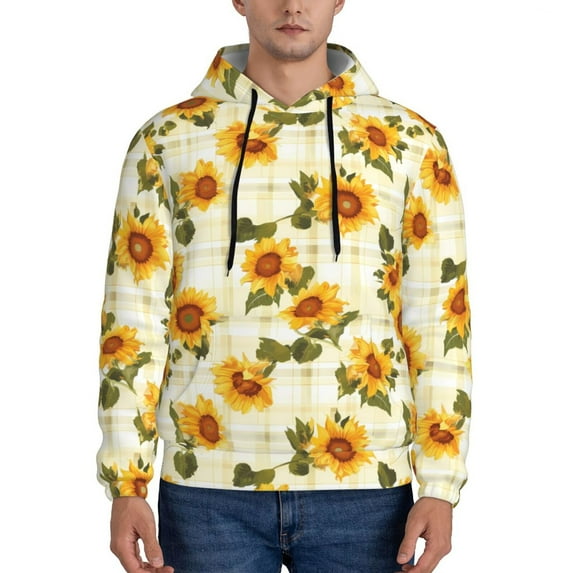 Lsque Light Green Plaid Sunflower Pattern Casual Men's Hoodie,Hooded Sweatshirt with Kangaroo Pocket,Pullover Hoodie-3X-Large