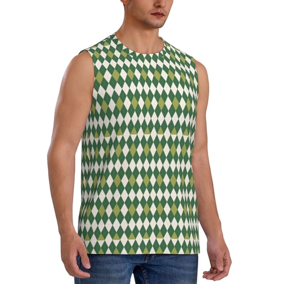 Lsque Light Green Squares Print Men's Cotton Blend Sleeveless Muscle Shirts (S-3XL)- Moisture Wicking, Odor Protection, UPF 30+,Medium