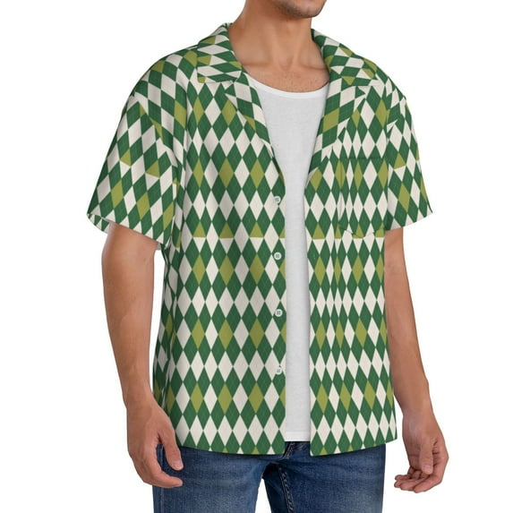 Lsque Light Green Squares print Men's Cuban Collar Short Sleeve Shirt Summer Beachwear Casual Button Down Fashionable Vacation Leisure Shirt-3X-Large