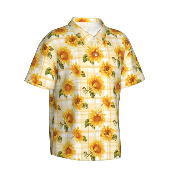 Lsque Light Yellow Plaid Sunflower pattern Hawaiian Shirt for Men, Unisex Summer Beach Casual Short Sleeve Button Down Shirts-Medium