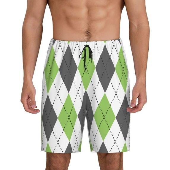 Lsque Light green and black argyle Pattern Mens Sleep Pajama Shorts,Short Pajama Pants, Cotton Ultra-Soft Knit-X-Large