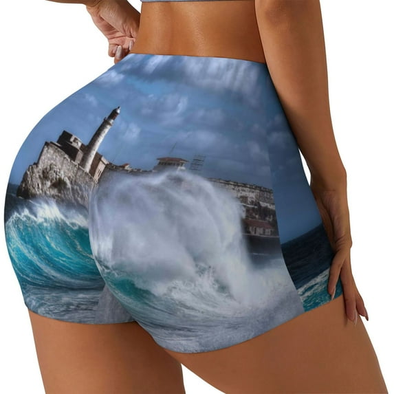 Lsque Lighthouse in Havana Pattern High Waisted Biker Shorts for Women-Tummy Control Fitness Athletic Workout Running Yoga Gym Shorts,Moisture-Wicking-Small