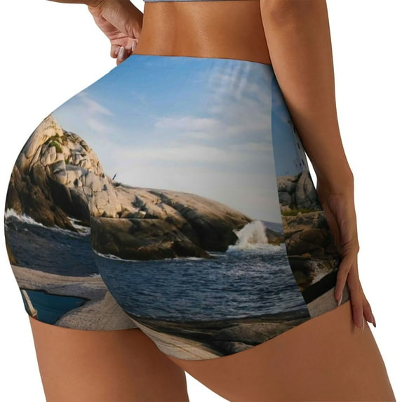 Lsque Lighthouse Pattern High Waisted Biker Shorts for Women-Tummy Control Fitness Athletic Workout Running Yoga Gym Shorts,Moisture-Wicking-Small