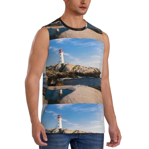 Lsque Lighthouse Print Men's Cotton Blend Sleeveless Muscle Shirts (S-3XL)- Moisture Wicking, Odor Protection, UPF 30+,XX-Large