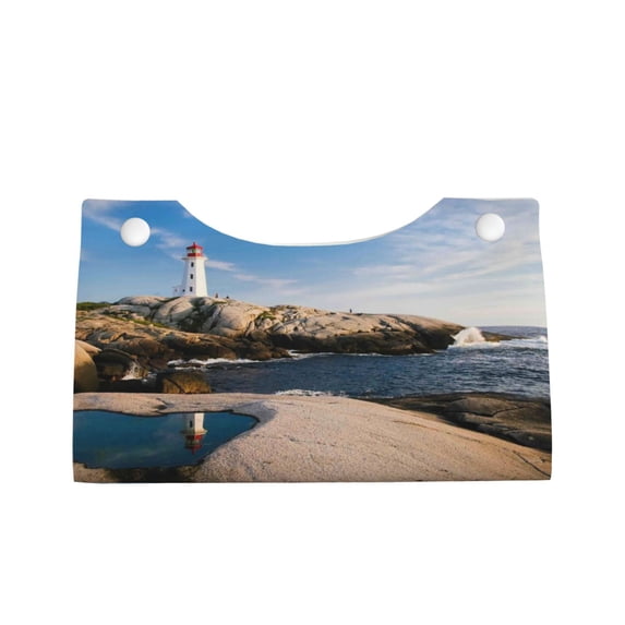 Lsque Lighthouse Printed Long Tissue Box Cover Holder, Facial Paper Organizer Dispenser,Triangle with Bottom Belt, PVC Leather Decorative Organizer