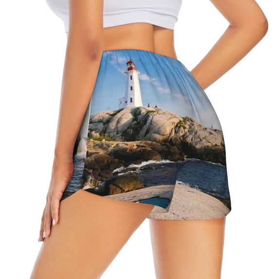 Lsque Lighthouse Printed Women's Running Shorts with Liner Pockets,Elastic Quick Dry Workout Athletic Gym Yoga Shorts,Womens High Waist Shorts-Medium