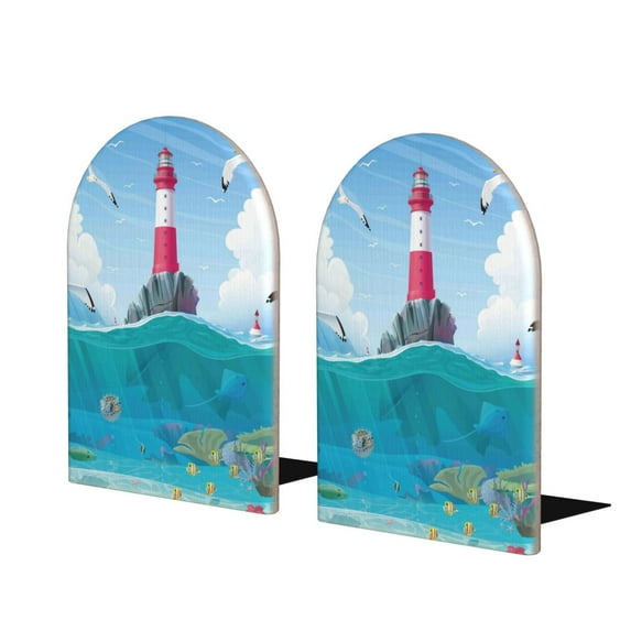 Lsque Lighthouse Sea Port Printed Wood Bookends,Non-Skid Bookend for Shelves,Heavy Duty Support Bookends,Non-Slip Foam Pads for Office, Home, and Library,1 Pair