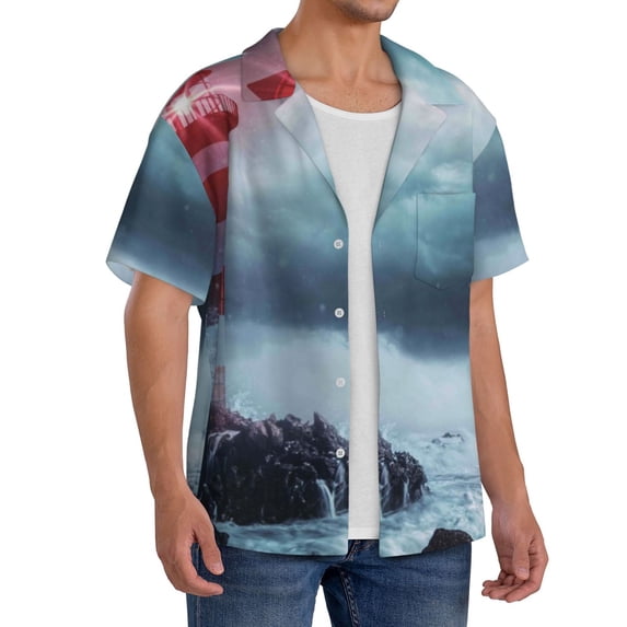 Lsque Lighthouse in a Stormy Sea print Men's Cuban Collar Short Sleeve Shirt Summer Beachwear Casual Button Down Fashionable Vacation Leisure Shirt-X-Large