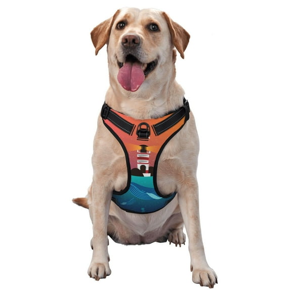 Lsque Lighthouse and Whale Dog Harness, No-Pull Pet Harness with 2 Leash Clips, Adjustable Soft Padded Dog Vest with Easy Control Handle for Large Dogs-Large