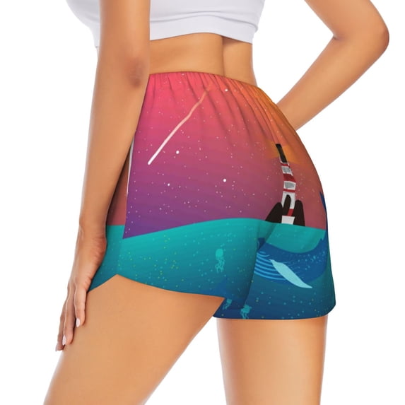 Lsque Lighthouse and Whale Printed Women's Running Shorts with Liner Pockets,Elastic Quick Dry Workout Athletic Gym Yoga Shorts,Womens High Waist Shorts-Large