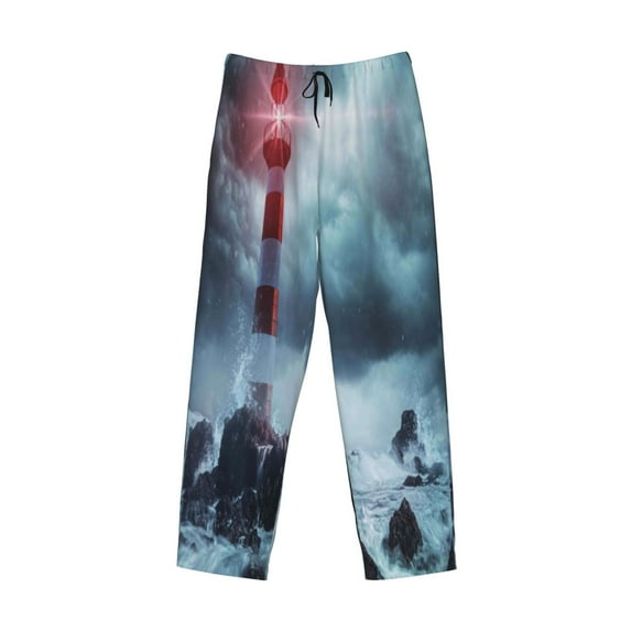Lsque Lighthouse in a Stormy Sea Print Men's Pajama Pants, Lounge Pant - Comfortable Home Wear,Elastic Waistband, Stylish Design-XX-Large