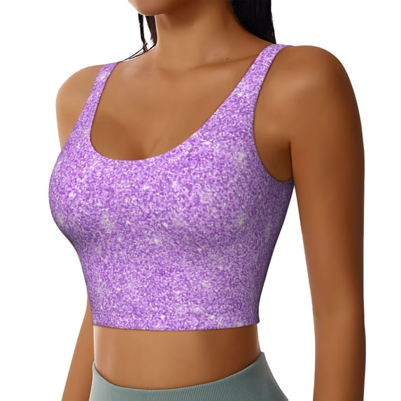 Lsque Lilac Glittering Printed Women'S Sports Bra, Compression, Moisture Wicking, High-Impact Sports Bra For Women,Supportive sports bra-Large