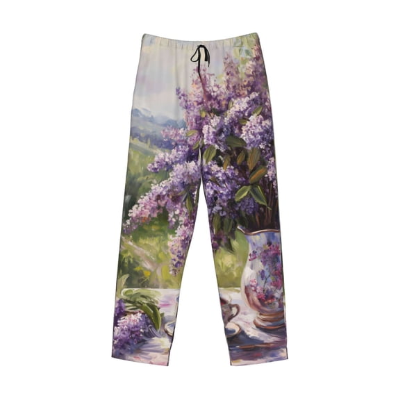 Lsque Lilacs Teapot Scenic Painting Print Men's Pajama Pants, Lounge Pant - Comfortable Home Wear,Elastic Waistband, Stylish Design-Medium
