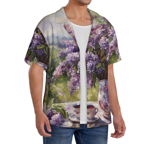 Lsque Lilacs Teapot Scenic Painting print Men's Cuban Collar Short Sleeve Shirt Summer Beachwear Casual Button Down Fashionable Vacation Leisure Shirt-Medium