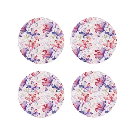 Lsque Lilies Flowers Pattern 4" Drink Coasters Set of 4, PVC Leather Absorbent Coasters, Table Coaster Set Decorative Coffee Cup Coasters Housewarming Gift -Round Shape