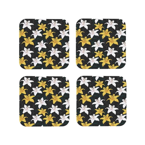 Lsque Lilies Flowers Pattern 4" Drink Coasters Set of 4, PVC Leather Absorbent Coasters, Table Coaster Set Decorative Coffee Cup Coasters Housewarming Gift -Square