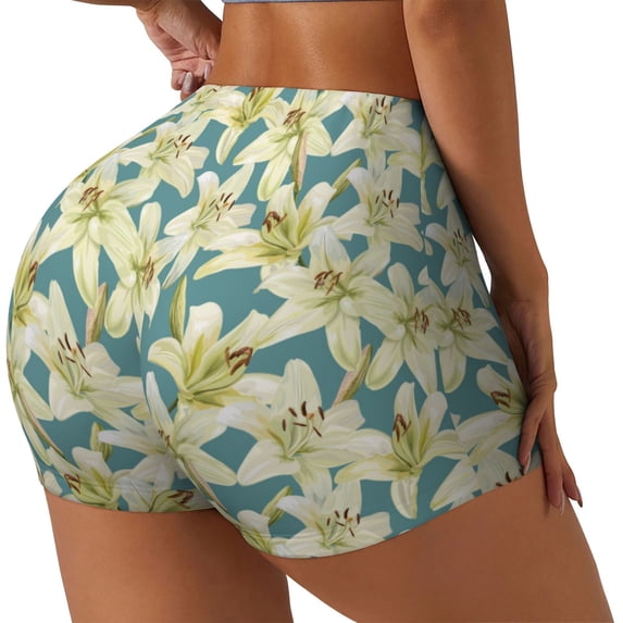 Lsque Lilies Flowers Pattern High Waisted Biker Shorts for Women-Tummy Control Fitness Athletic Workout Running Yoga Gym Shorts,Moisture-Wicking-XX-Large