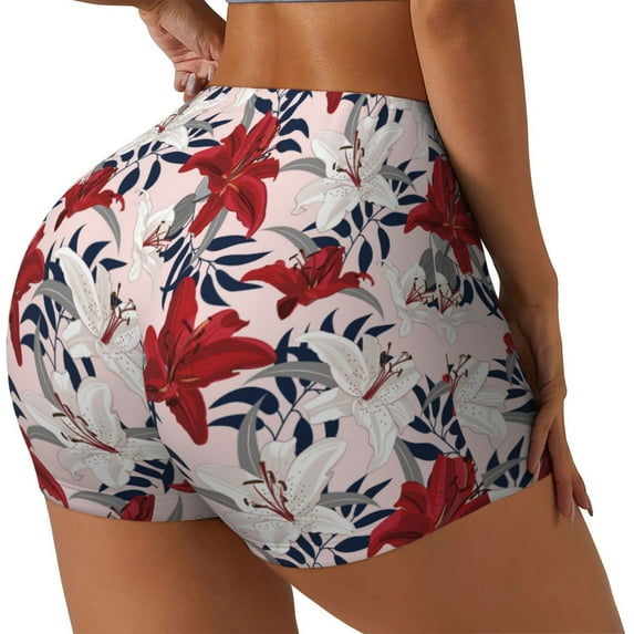 Lsque Lilies Flowers Pattern High Waisted Biker Shorts for Women-Tummy Control Fitness Athletic Workout Running Yoga Gym Shorts,Moisture-Wicking-XX-Large