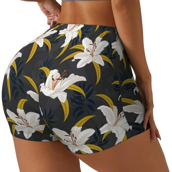 Lsque Lilies Flowers Pattern High Waisted Biker Shorts for Women-Tummy Control Fitness Athletic Workout Running Yoga Gym Shorts,Moisture-Wicking-XX-Large