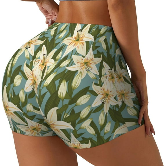 Lsque Lilies Flowers Pattern High Waisted Biker Shorts for Women-Tummy Control Fitness Athletic Workout Running Yoga Gym Shorts,Moisture-Wicking-XX-Large