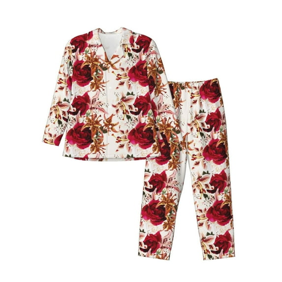 Lsque Lilies Flowers Pattern Long Sleeve Pajama Set for Men - Soft 2-Piece Sleepwear and Loungewear Set with Pockets, Comfy Nightwear-Large