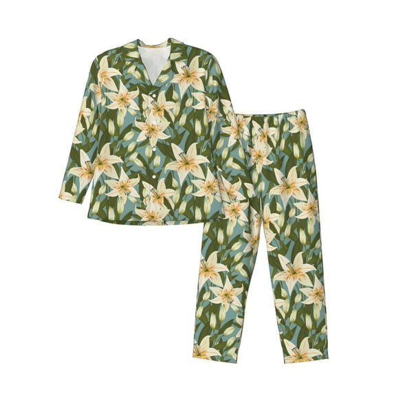 Lsque Lilies Flowers Pattern Long Sleeve Pajama Set for Men - Soft 2-Piece Sleepwear and Loungewear Set with Pockets, Comfy Nightwear-XX-Large