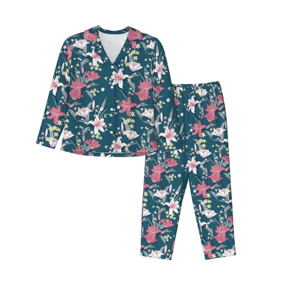 Lsque Lilies Flowers Pattern Long Sleeve Pajama Set for Women - Soft 2-Piece Sleepwear and Loungewear Set with Pockets, Comfy Nightwear-Medium
