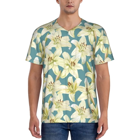Lsque Lilies Flowers Pattern Mens Polo Golf Shirts Funny Graphics Shorts Sleeve Button Shirts Baseball T-shirt-Large