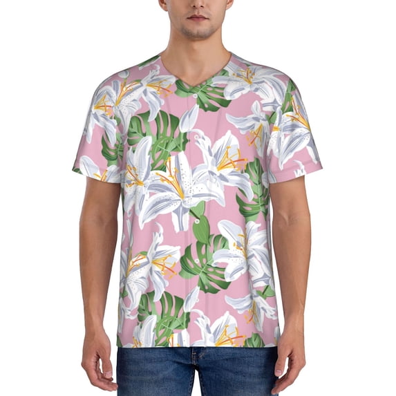 Lsque Lilies Flowers Pattern Mens Polo Golf Shirts Funny Graphics Shorts Sleeve Button Shirts Baseball T-shirt-XX-Large
