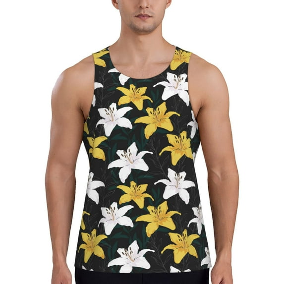 Lsque Lilies Flowers Pattern Mens Tank Tops Muscle Athletic Quick Dry Sleeveless Workout Fitness T Shirts Beach Tank Top, Loose-fit Sleeveless Shirt for Men-Medium
