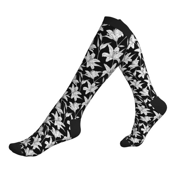 Lsque Lilies Flowers Pattern Sport Compression Socks for Men & Women 15-20 mmHg Knee High Nurse Pregnant Running Medical and Travel Athletic